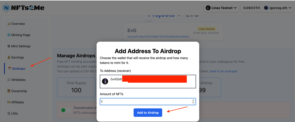 Указываем адрес ( можно свой ) количество и нажимаем Add to Airdrop и после Send Airdrop.