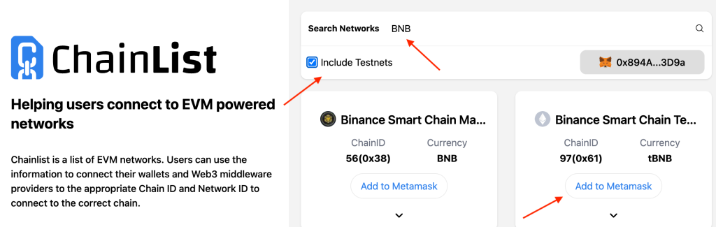 Переходим по ссылке в ChainList и добавляем тестовую сеть Binance Testnet если у вас ещё нет.