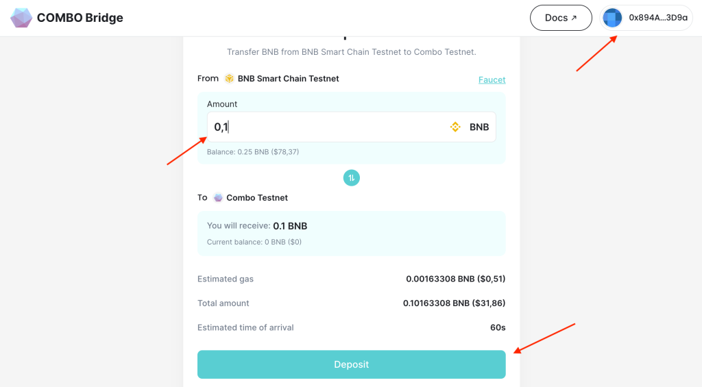Переходим на bridge и переводим тестовые токены BNB в сеть Combo TestNet (добавим её позже ) достаточно перевести 0,1 BNB.